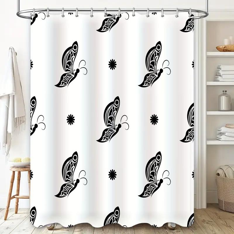 Butterfly Shower Curtain Black White Patterned Fabric Bathroom Decor Waterproof Liner Easy Install For Bathtub Sink Area Size Cu