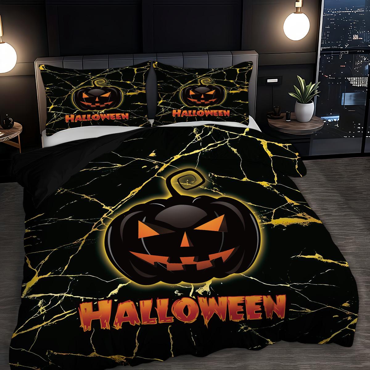 

3pc Halloween Evil Pumpkin Marble Texture Print Coreless Quilt Set Multi Size Dormitory Bedroom Comfortable Machine Washable 135x200cm-EU-Single&set