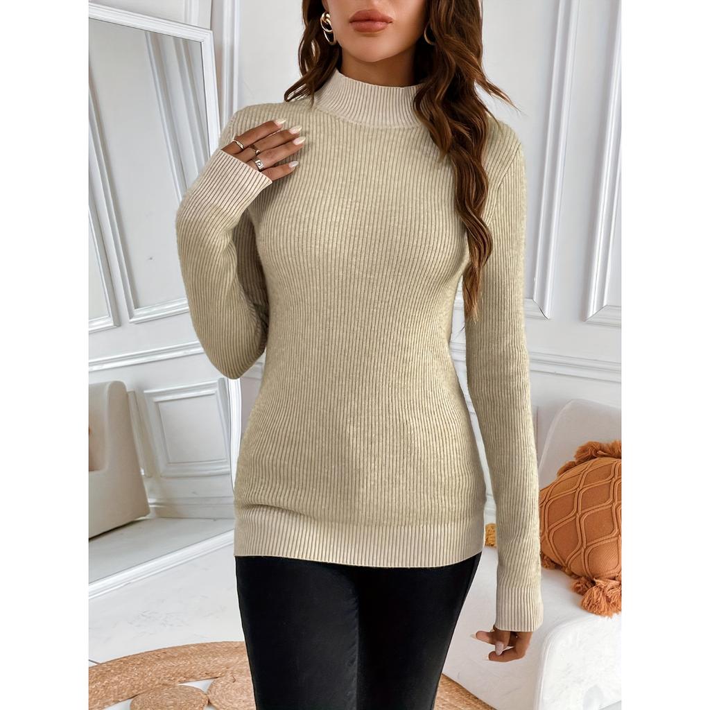 Solid Color Mock Neck Fleece Sweater, Elegant Long Sleeve Thermal Pullover Sweater, Women's Clothing