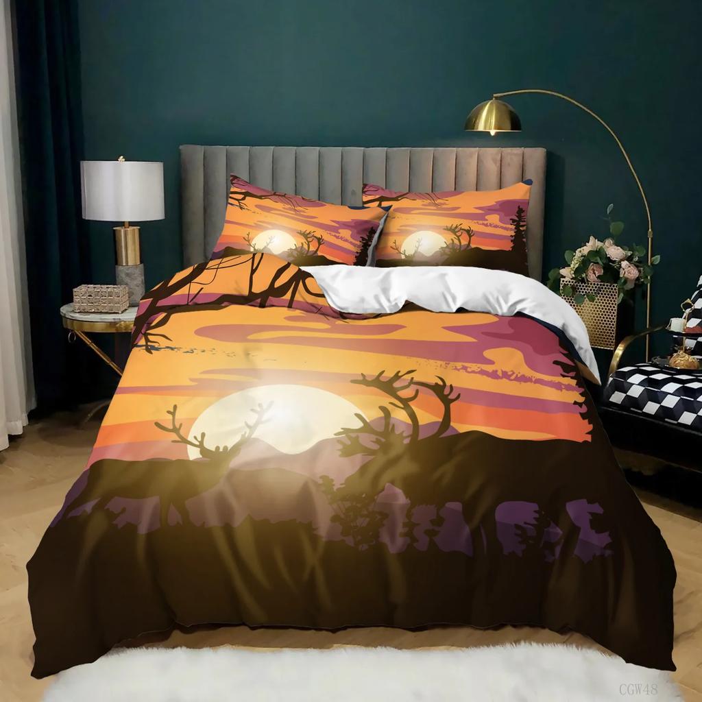 Deer Duvet Cover King/Queen Size,wildlife Bucks Fire Pattern Print Bedding Set For Teens Adults Men,Brown Elk Animal Quilt Cover
