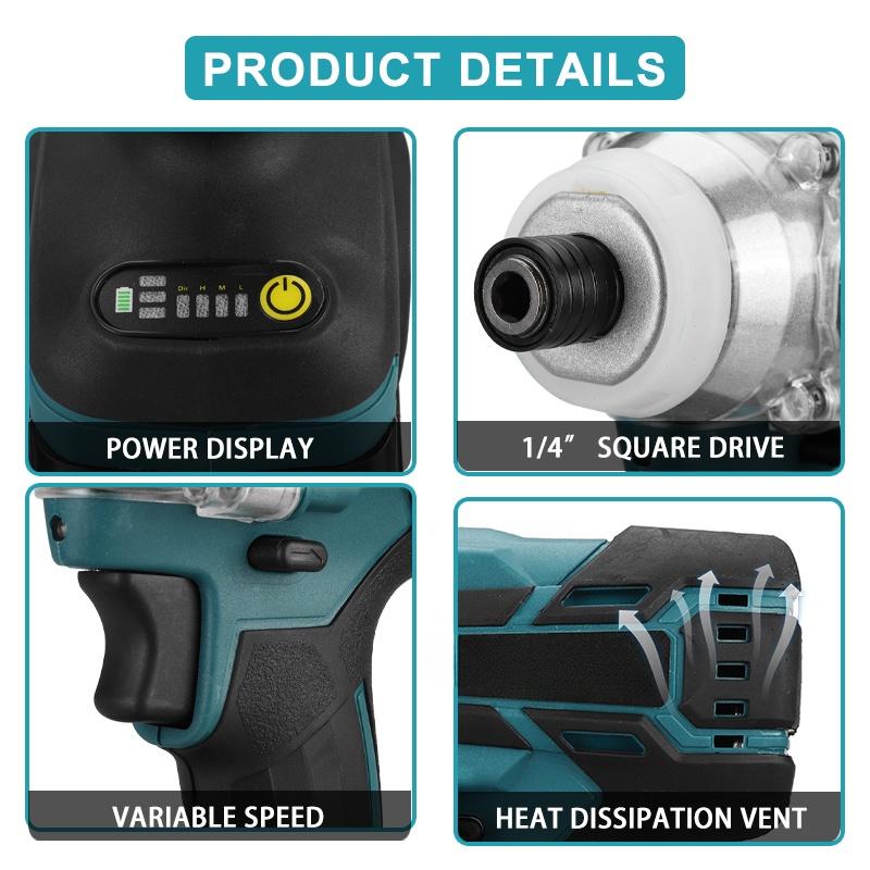 388vf 800N.M Brushless Cordless Electric Impact Driver 1/4"" Screwdriver Driver Wrench Power Tools with 2 Battery