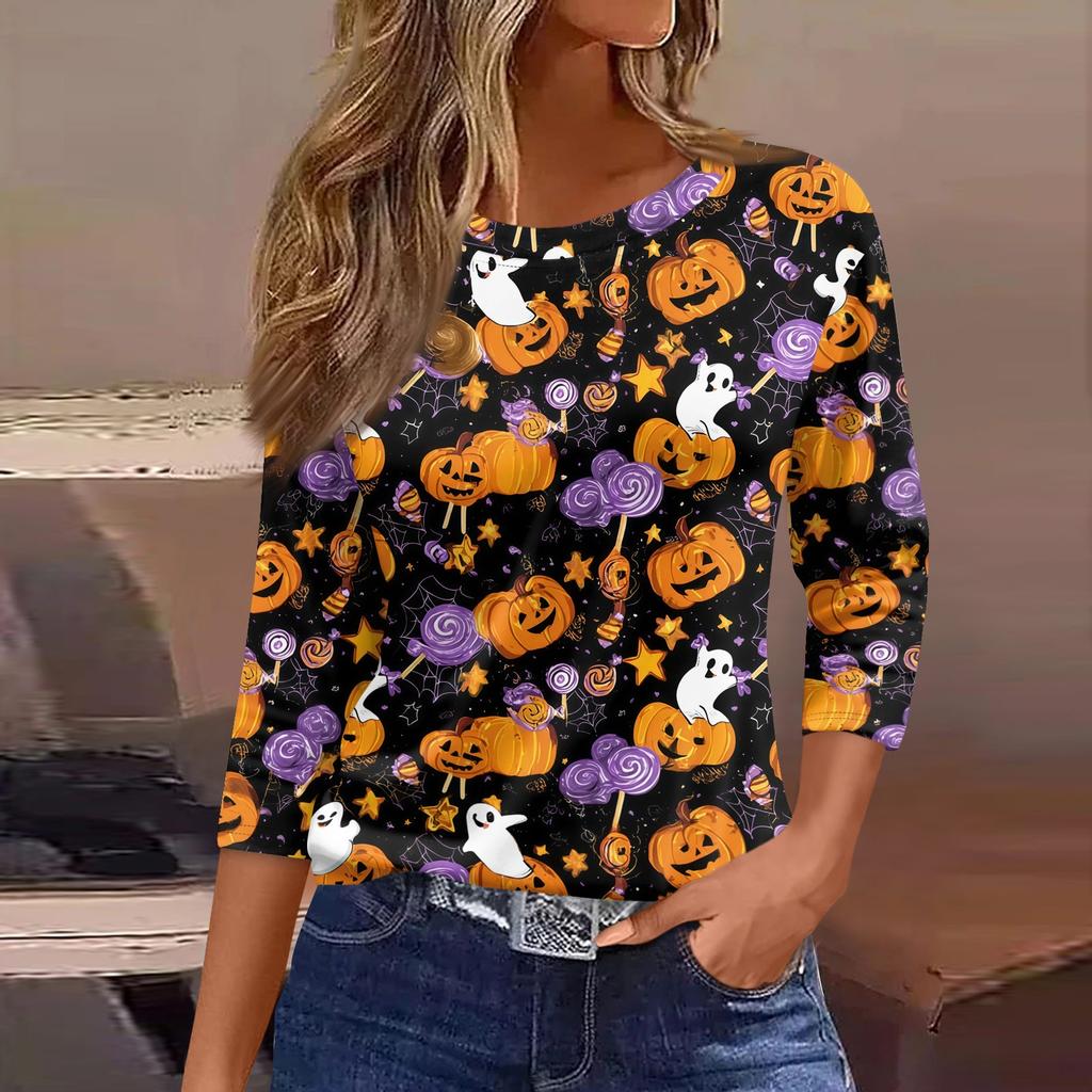 Women 3/4 Sleeve Casual Loose Fit Shirt Round Neck Halloween Pumpkin Print T-Shirt Top for Everyday Wear