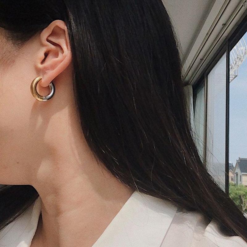 Fashion Gold Silver Double Colors Stainless Steel Gold Plated Huggies Earrings Plain Ring Ear Hoops for Women Punk Jewelry