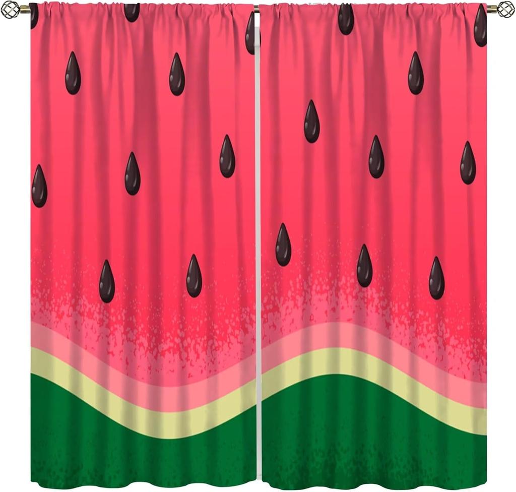 Fruit Window Curtains,Pink Cute Strawberry Green Leaves Flower Retro Art Print Window Drapes for Kids Girls Bedroom Living Room