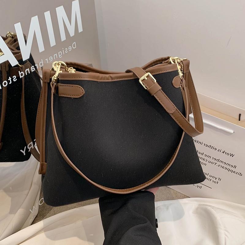 Vysoce kvalitní dámská crossbody taška Módní kontrastní barva Patchwork Velká kapacita Dámská plátěná taška ve tvaru kbelíku Klasická retro kabelka