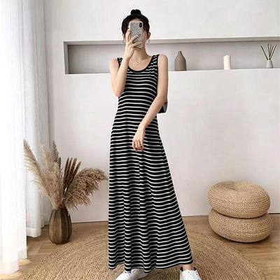 Elegant Black & White Striped Sleeveless Maxi Dress - 2026 Summer Collection