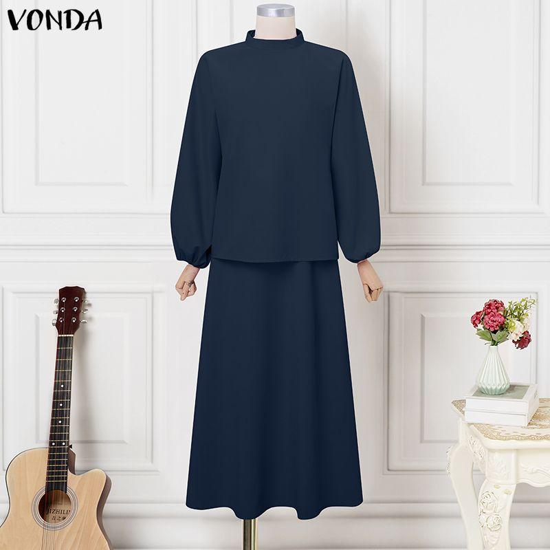 VONDA 2PCS Women Long Sleeve Blouse and Skirts Casual Elegant Two Piece Sets