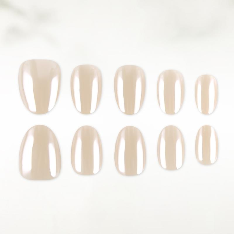 Confezione da 32 Unghie Finte Ovale Corte Colore Nudo Crema Materiale ABS Galvanizzato Unghie Press-On Eleganti e Resistenti
