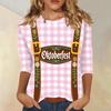 Damen Lässiges Dreiviertelarm Oktoberfest-Print Rundhals Karomuster Oberteil mit Blumen-Träger-Design für Festival-Kleidung