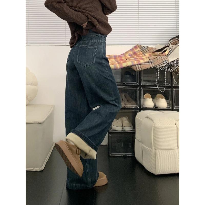 Fleece jeans for women, new autumn and winter new straight loose retro thickened wide-leg pants