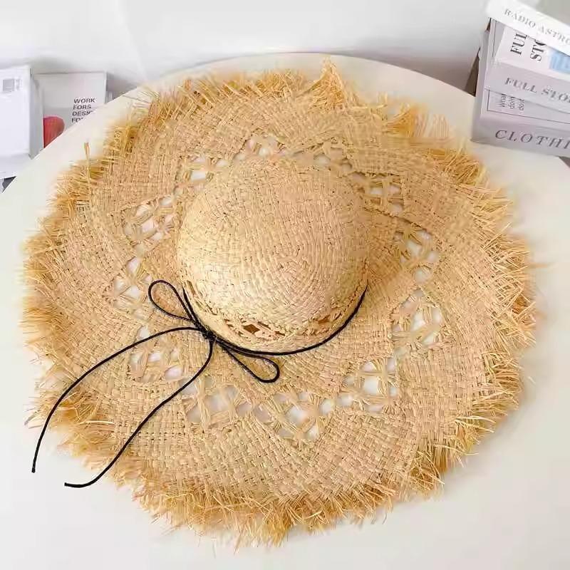 Lace Bow Straw Hat Women's Summer French Large Brim Sunscreen Hat Seaside Beach Vacation Sun Hat