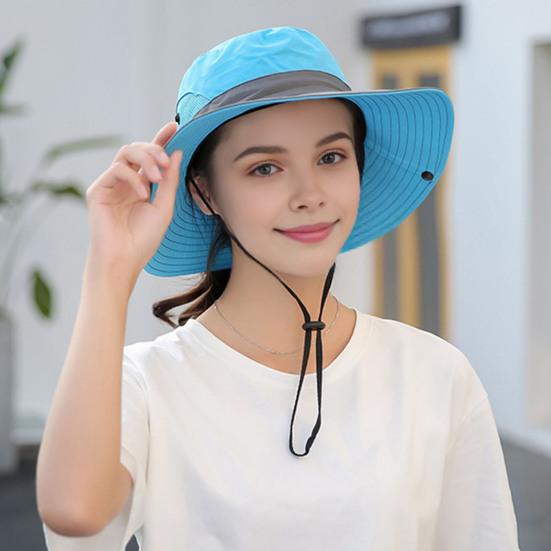 Women Summer Sun Hat Hollow Mesh Windproof Strap Wide Brim Anti-UV Sun Protection Foldable Portable Gardening Fishing Travel Cap Outdoor Fisherman Hat
