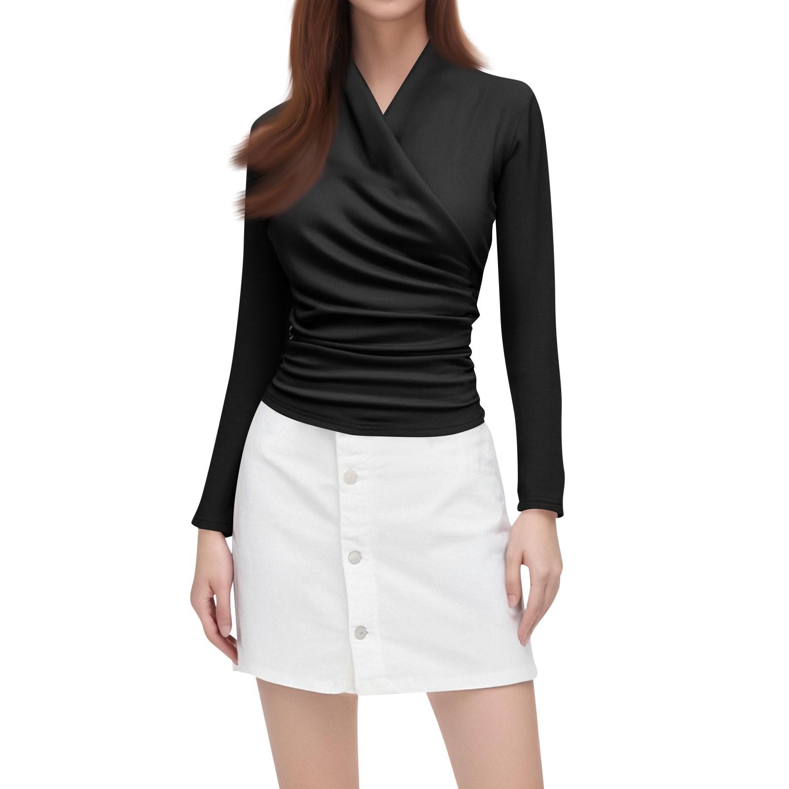 Women s Casual Fashion Color V-Neck Slim Pleated Long Sleeve T-Shirt Top S