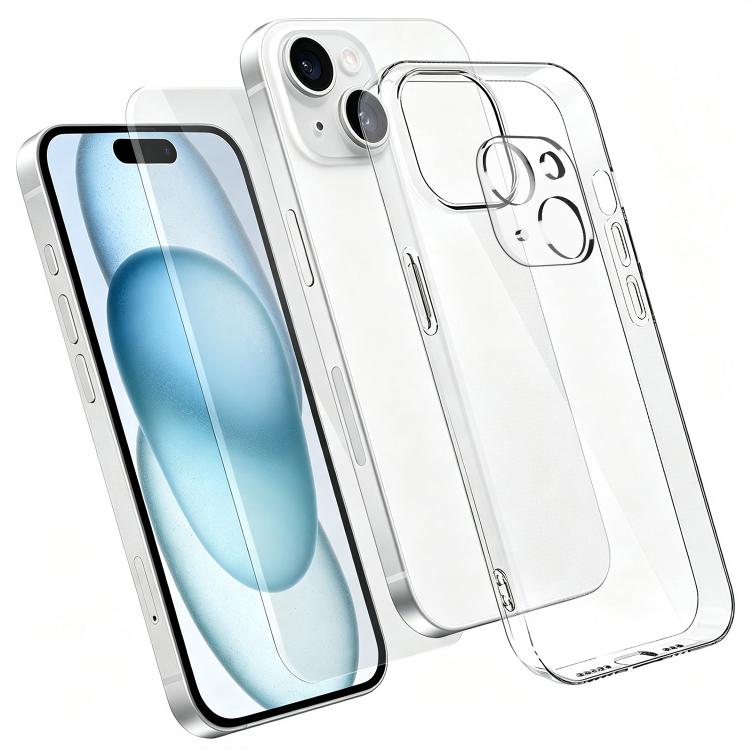 3‑in‑1 Set Clear TPU Phone Case + High Alumina Tempered Glass Screen & Lens Protector For iPhone