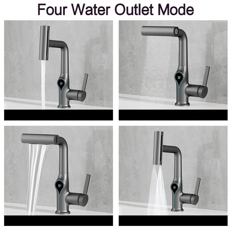 Vattenfallstemperatur Digital Display Handfat Kran Lyft upp Nedströms spruta Varmt kallt vatten Diskbänk Blandare Tvättkran för badrum