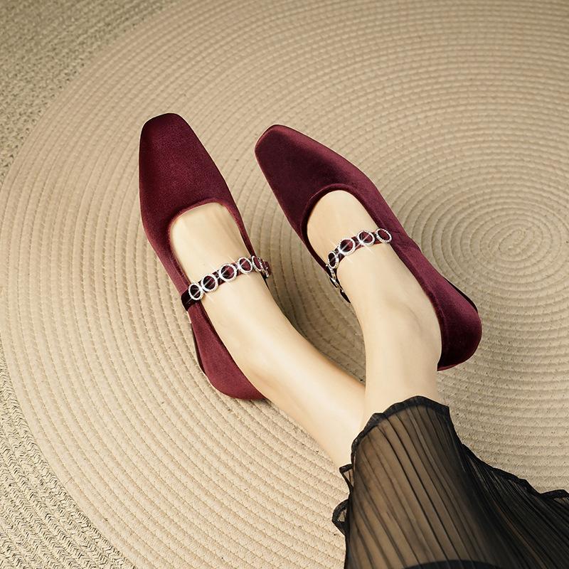 Retro Square Head Satin Thick Heel Light Mouth One-word Diamond Strap Small Low Heel Suede Mary Jane Single Shoes Elegant