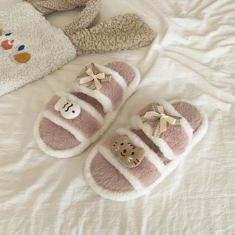 Fashion color matching cute cartoon fluffy slippers women's 2025 autumn and winter new outer wear home indoor cotton slippers shoes