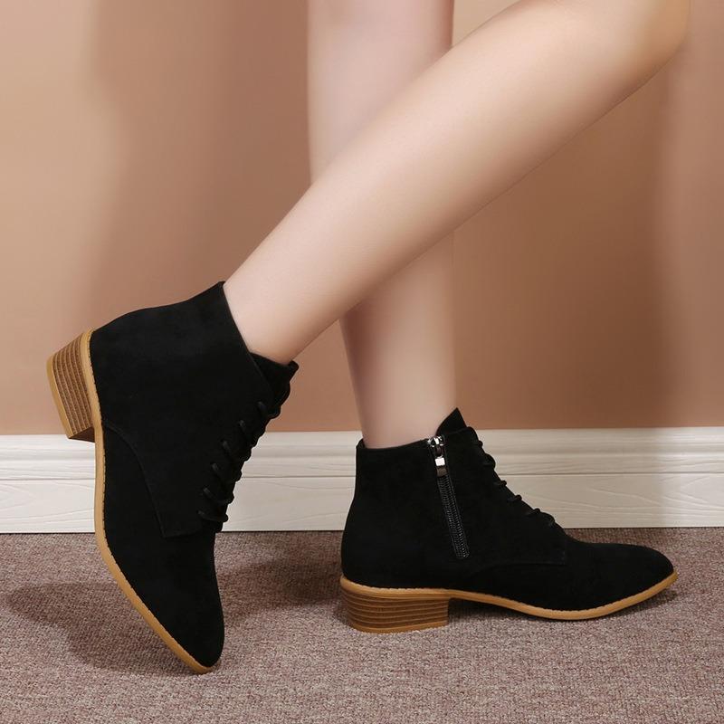 New women's boots autumn and winter small short boots solid color suede pointed lace-up square heel Martin boots