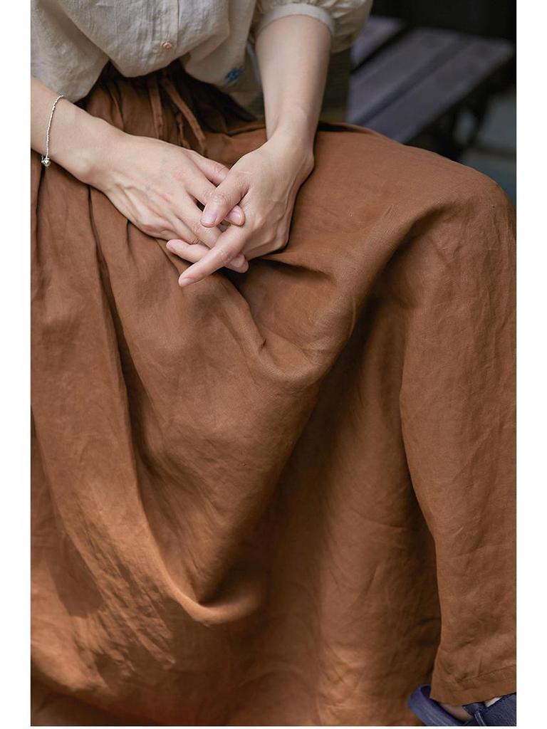 Women's Retro Cotton-Linen Elastic Waist Pleated Skirt - Summer 2023