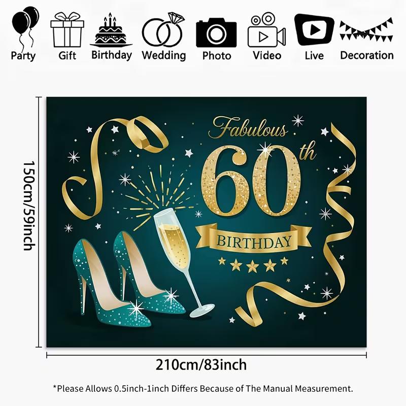 2D "Fabulous 60th Birthday" Backdrop Teal Gold High Heels & Champagne Photography Background Cloth