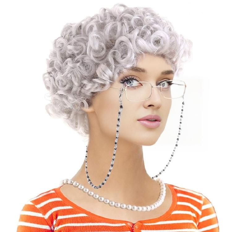 100 Days of School Old Lady Wig Costume Grandma Wig Glasses Necklace Old Lady Cosplay Set for Halloween Dress Up Party