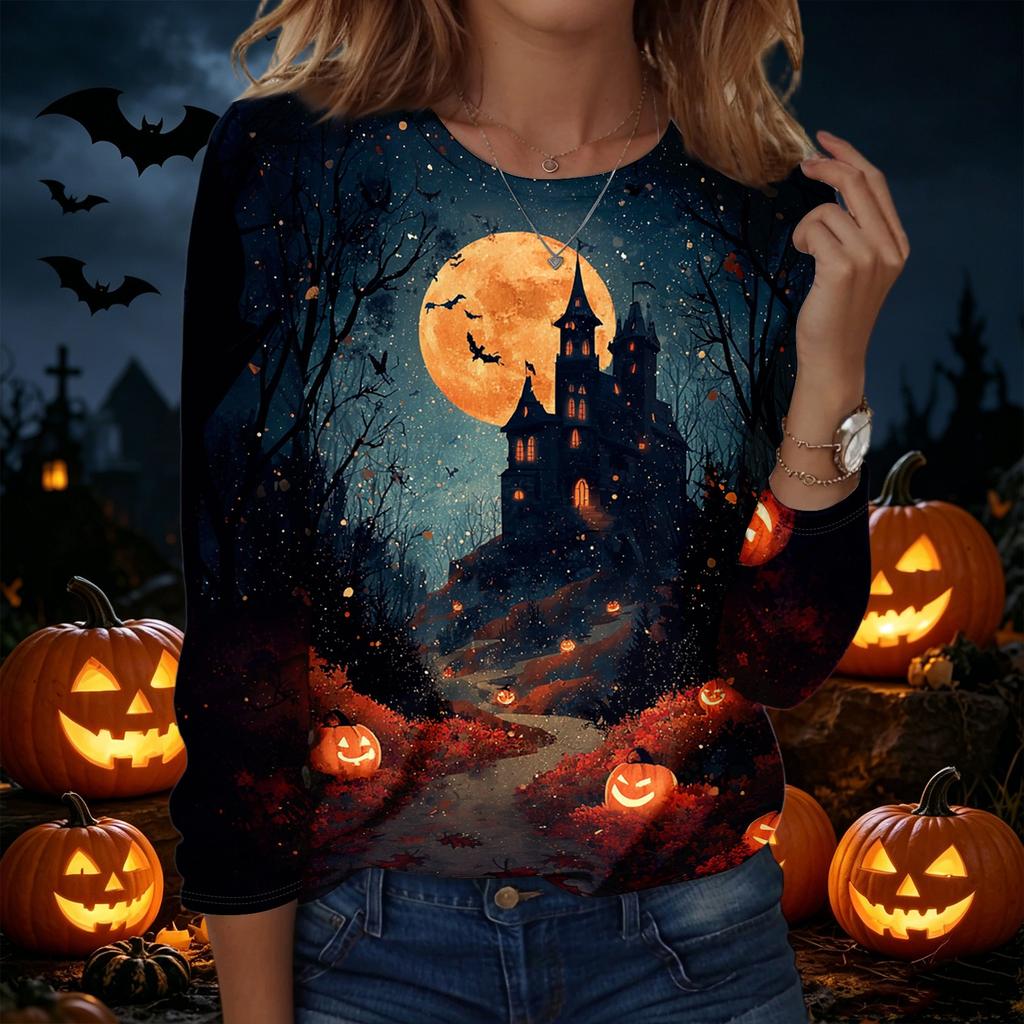Womens Halloween Printed Crewneck Pullover Sweatshirt Long Sleeve Casual Top with Graphic Design for Seasonal Wear