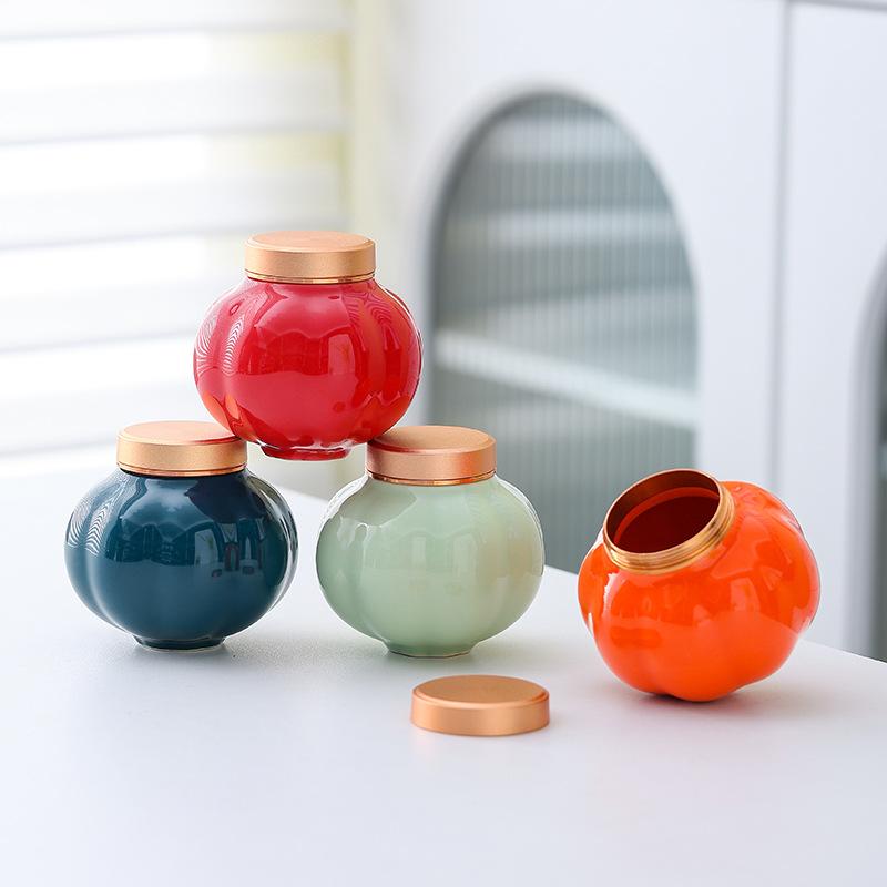 Modern Lantern Pumpkin-shaped Ceramic Tea Caddy Minimalist Spice Pill Storage Jar with Alloy Lid Sealed Moisture-proof Container