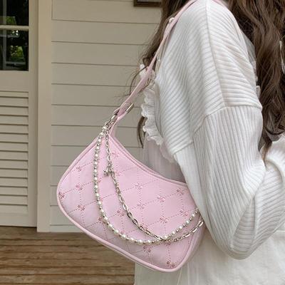 **Women’s Pink Butterfly Baguette Bag with Pearl & Diamond Chain**