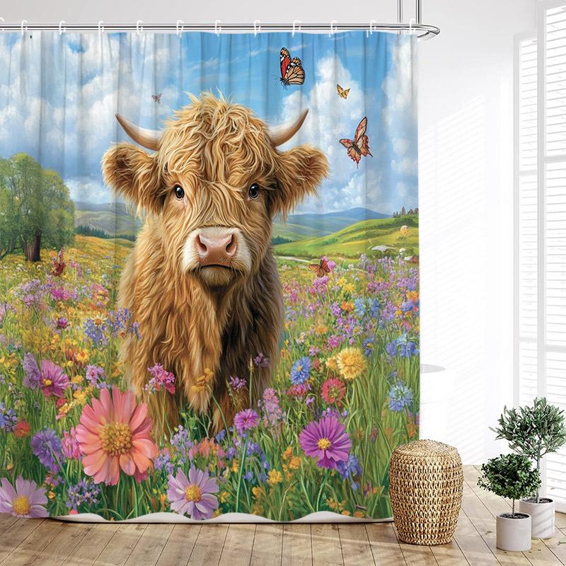 

Funny Highland Cattle Shower Curtain Sunflower Floral Rustic Farm Cow Animal Bath Curtains Fabric Home Bathroom Decor with Hooks 90x180cm-35x70in