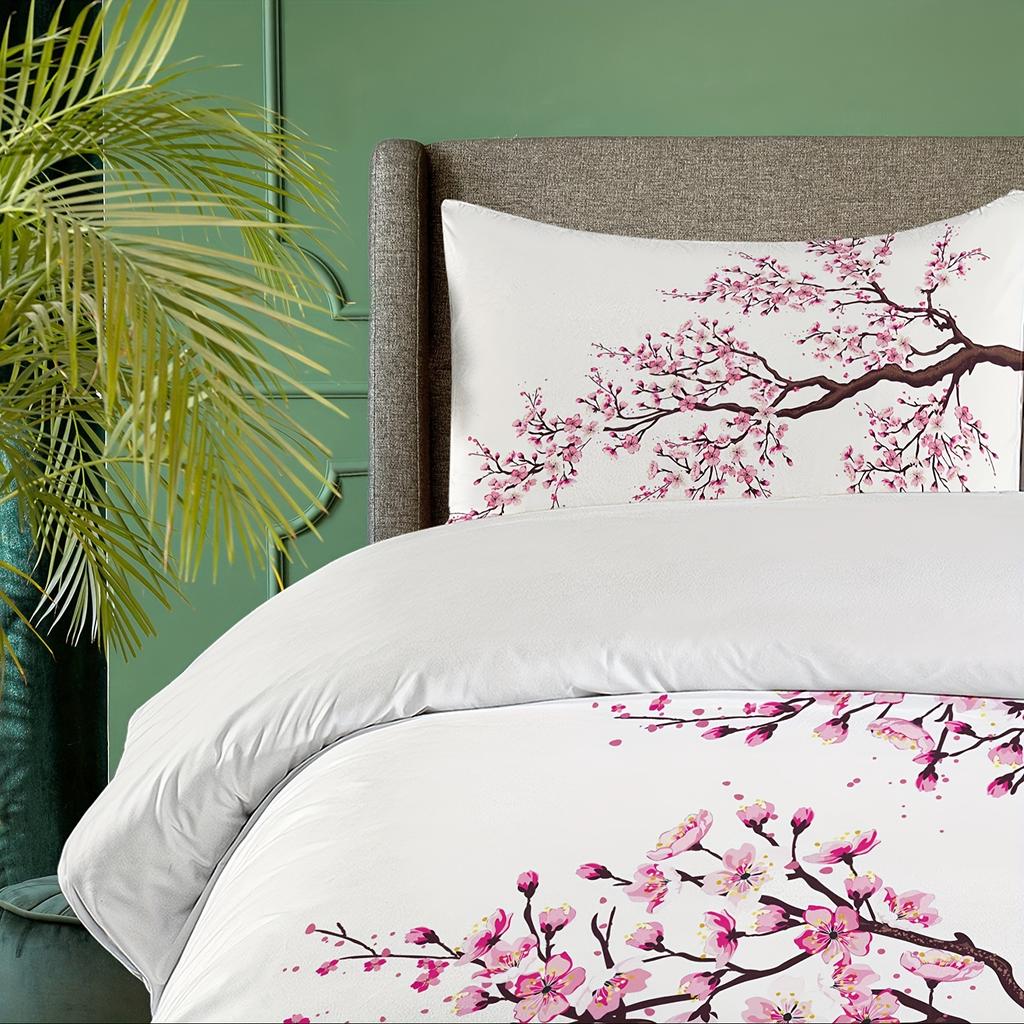 3-Piece Japanese-Inspired Duvet Cover Set - Vibrant Sakura Tree Flowers Spring Theme Art Soft Decorative Bedding with 2 Matchin