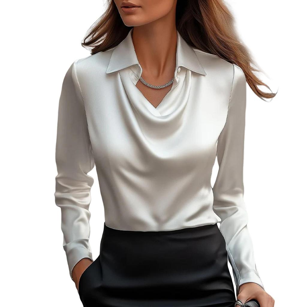 Satin Dameskjorte Vintage Langermet Bluse Silke Elegant Dames Topper Pendling Hvit Skjorte Høst Dameklær