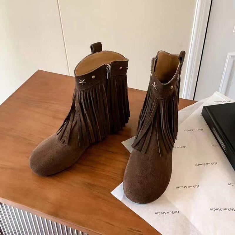 Neue Damenmode Stiefel Fransen Bequeme Flache Einfarbig Wildleder Reißverschluss Stiefeletten Hohe Qualität Bequeme Freizeitschuhe