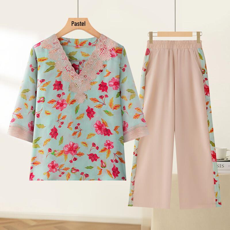 

Летний кружевной шифоновый комплект топ и брюки с цветочным принтом 3XL