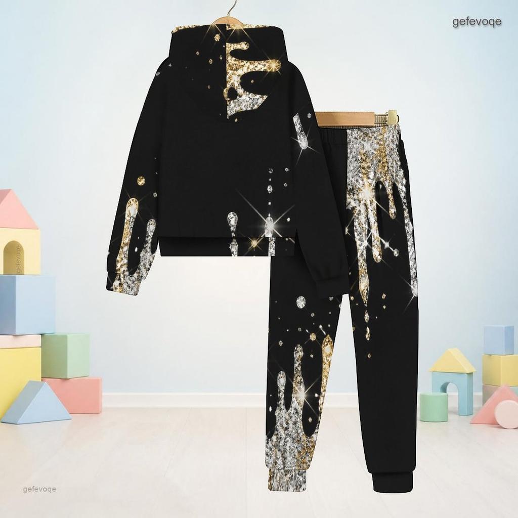 Kids Boys Girls Hooded Long Sleeve Printed Two Piece Set Black Gold Sweatshirt Cuffed Pants