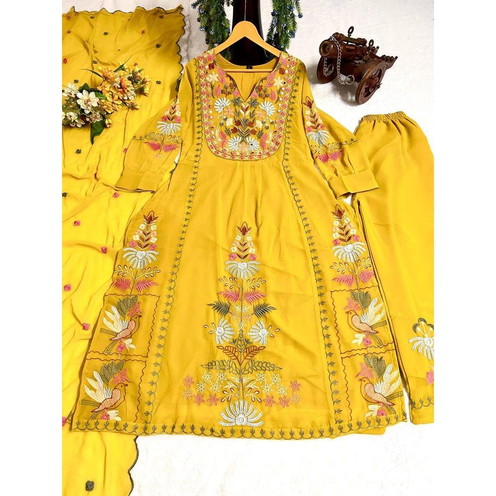 New Different Coloured Embroidered Attractive Party Wear Fox Georgette Kurti Plazzo Has a Regular-fit and Is Made From High-Grade Fabrics And Yarn*