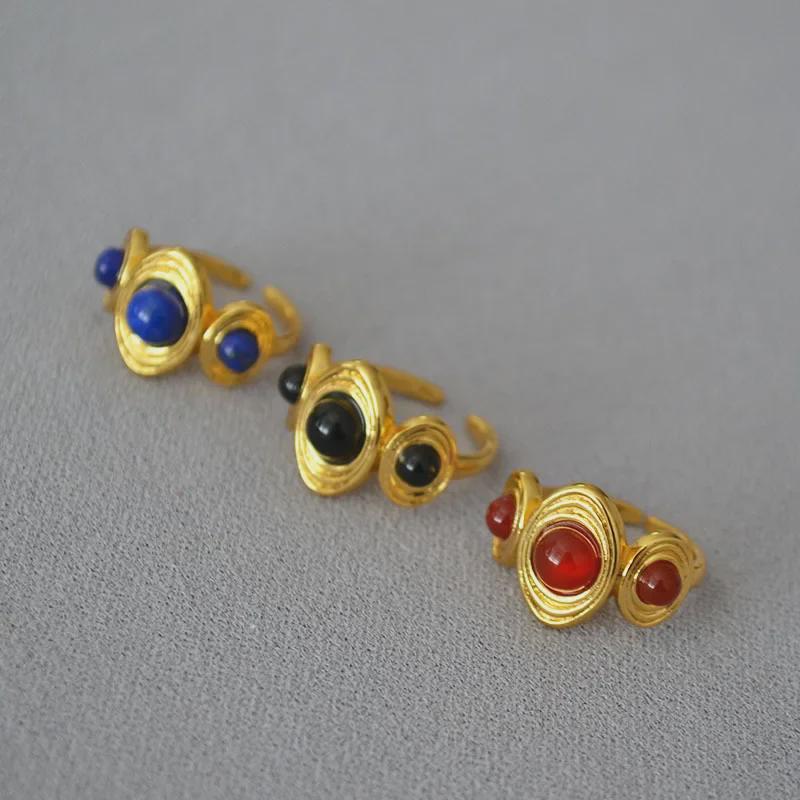 Retro European & American Brass Gold-Plated Ring with Inlaid Agate & Lapis Lazuli Stones for Women