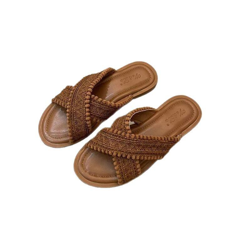 Papuci etnici cool 2025 nou vară vintage împletiți încrucișați boem student plat pantofi romani