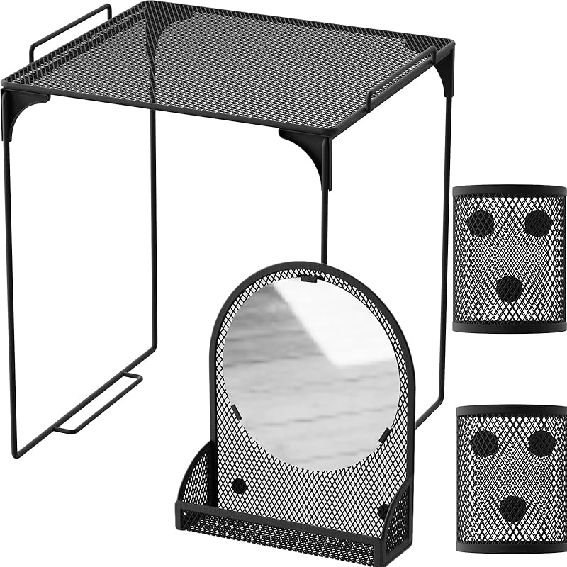 Locker Shelf with Locker Mirror Magnetic & 2 Magnetic Pen Cups, Locker Organizer for Work, Mesh Metal Locker Accessories Kit for School Locker,