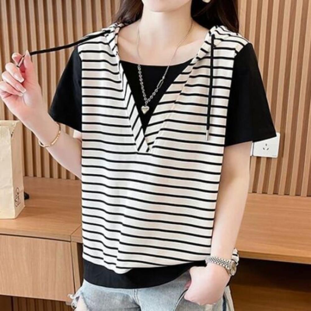 Navava Women 2in1 Hood STripe ShorT Sleeve T shirT nT2478
