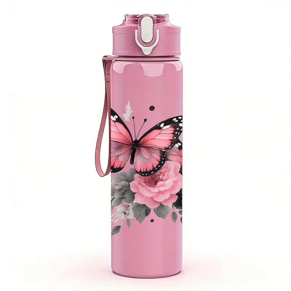 1PC Pink Butterfly Flower Art Print 750ml Color Plastic Sports Water Bottle Leakproof Flip Straw Lid Suitable for Sports Office Home Use