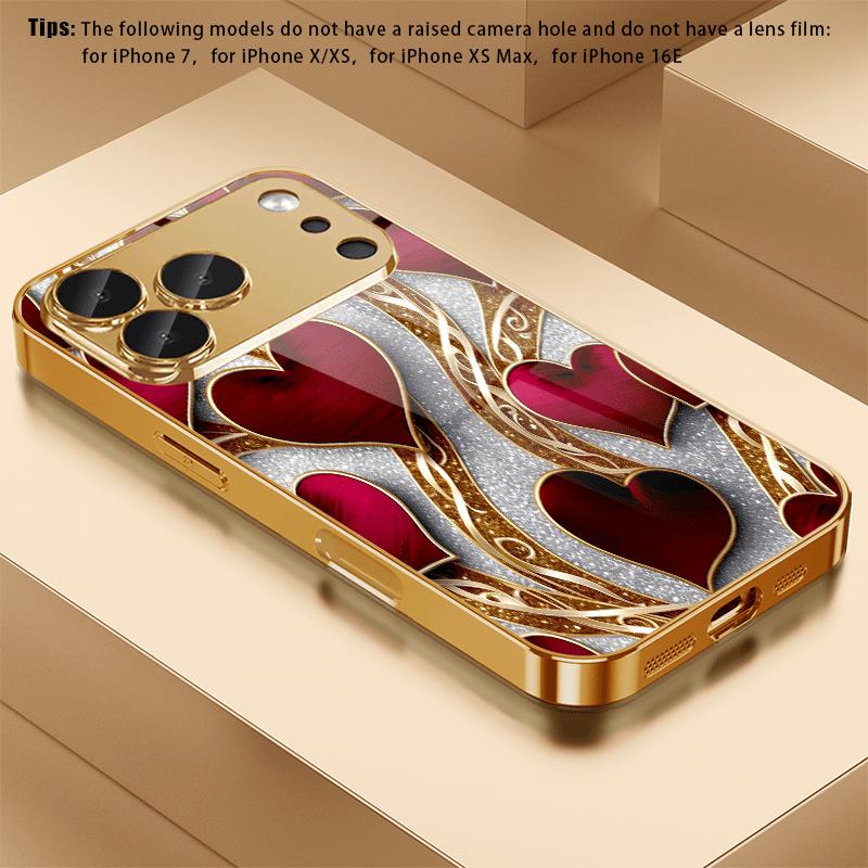 Luxury Red Heart Gold Filigree For iphone 17 case fashion phone cases Glass Phone Case for iPhone 17 16 15 14 13 12pm Pro Plus