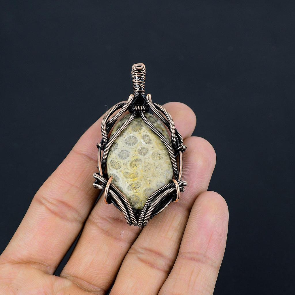 Fossil Coral 999 Copper Wire Wrapped Pendant Handmade Gemstone Jewelry, Gifts For Wife Brand New Jewelry Pendant