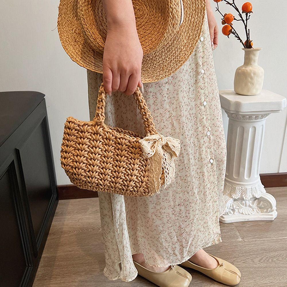 Lace Bowknot Beach Straw Bag Large Capacity Knitted Handbag Braided Underarm Bag  Woman Girls
