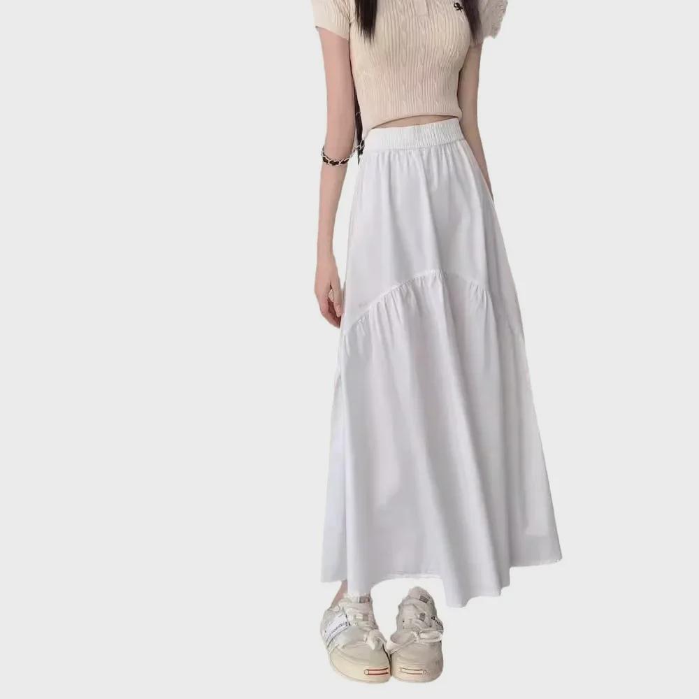 Petite Women's Pleated Patchwork Midi Skirt - 2024 Summer Korean Fashion, Elastic Waist