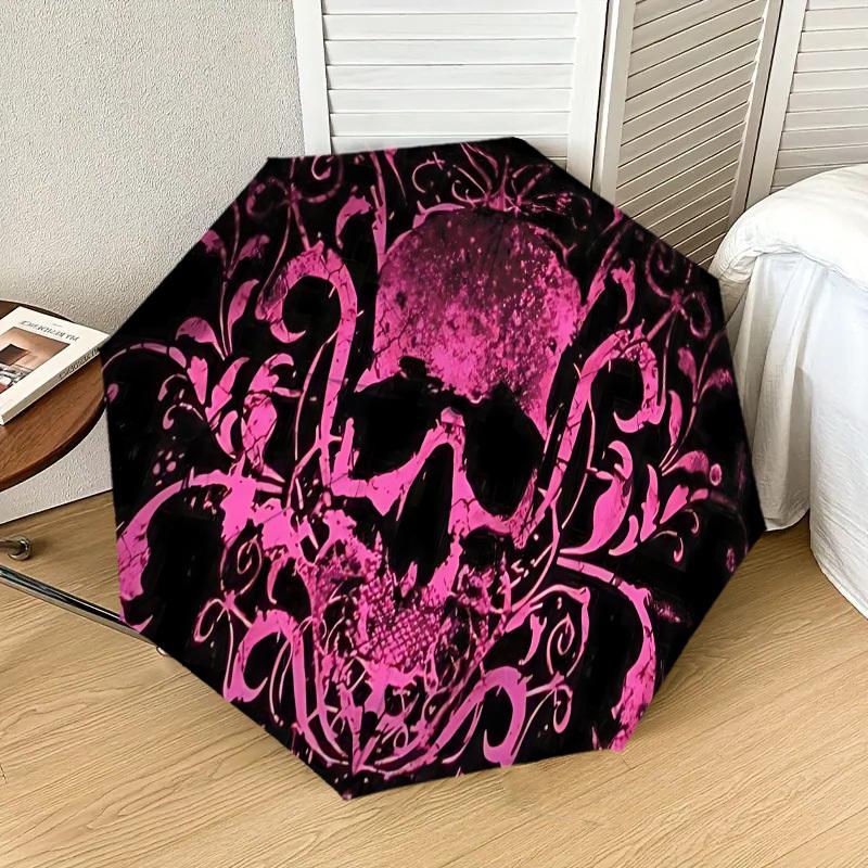 1 шт. Автоматический складной зонт с рисунком черепа, 8 спиц, железный каркас, компактный портативный зонт, подходит для путешествий, ежедневного использования, дня рождения, подарок для женщин и мужчин 0