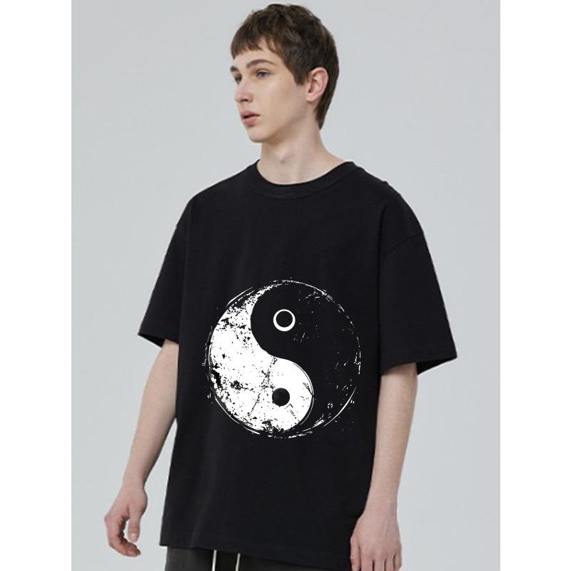 Black Oversized T-Shirt Yin Yang Print Graphic Tee for Casual Wear and Street Style