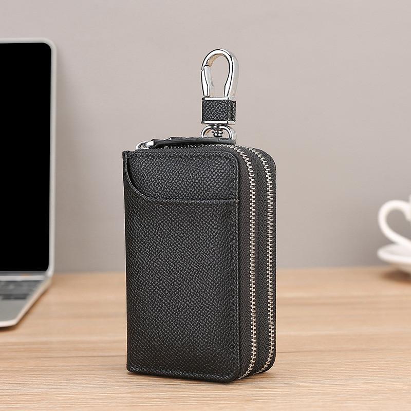 Leather Key Wallet With Double Zipper And Anti Fingerprint Protection For Daily Use