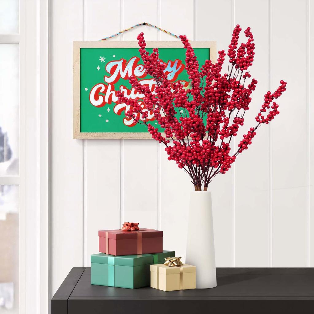1PC 6 Forks Artificial Red Berries Simulation Floral Art Flower Arrangement New Year Home Desktop Window Decor Fake Flowers