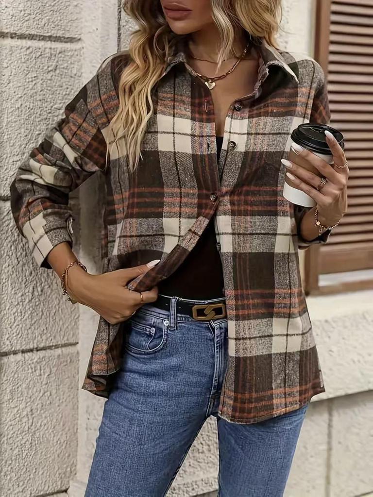 European & American Women's Plaid Long Sleeve Shirt Jacket - Loose Fit, Casual Fashion for Autumn & Winter