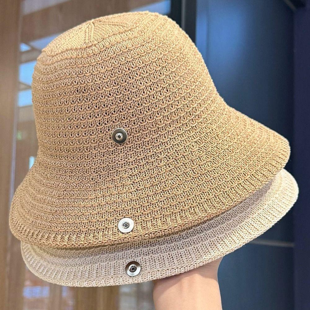 Magnetic Buckle Wide Brim Bucket Hat Thin Straw Female Sunshade Visors Summer Outing